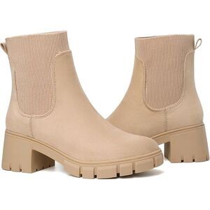 Womens Ankle Boots Lug Sole Slip On‎ Chelsea Booties Nude 9.5